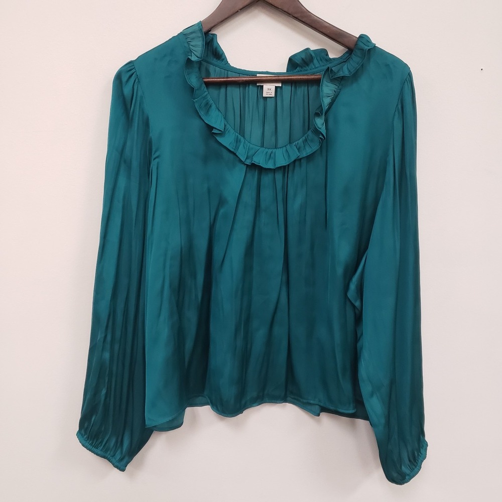 J Crew Women Satin Ruffleneck Office Career Top Size 3X Green Jewel Tone Holiday